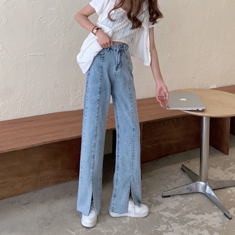 Quần Jeans màu xanh xẻ gấu siêu dài chân có size S M L XL (sẵn S M/ L,XL order 7 ngày)