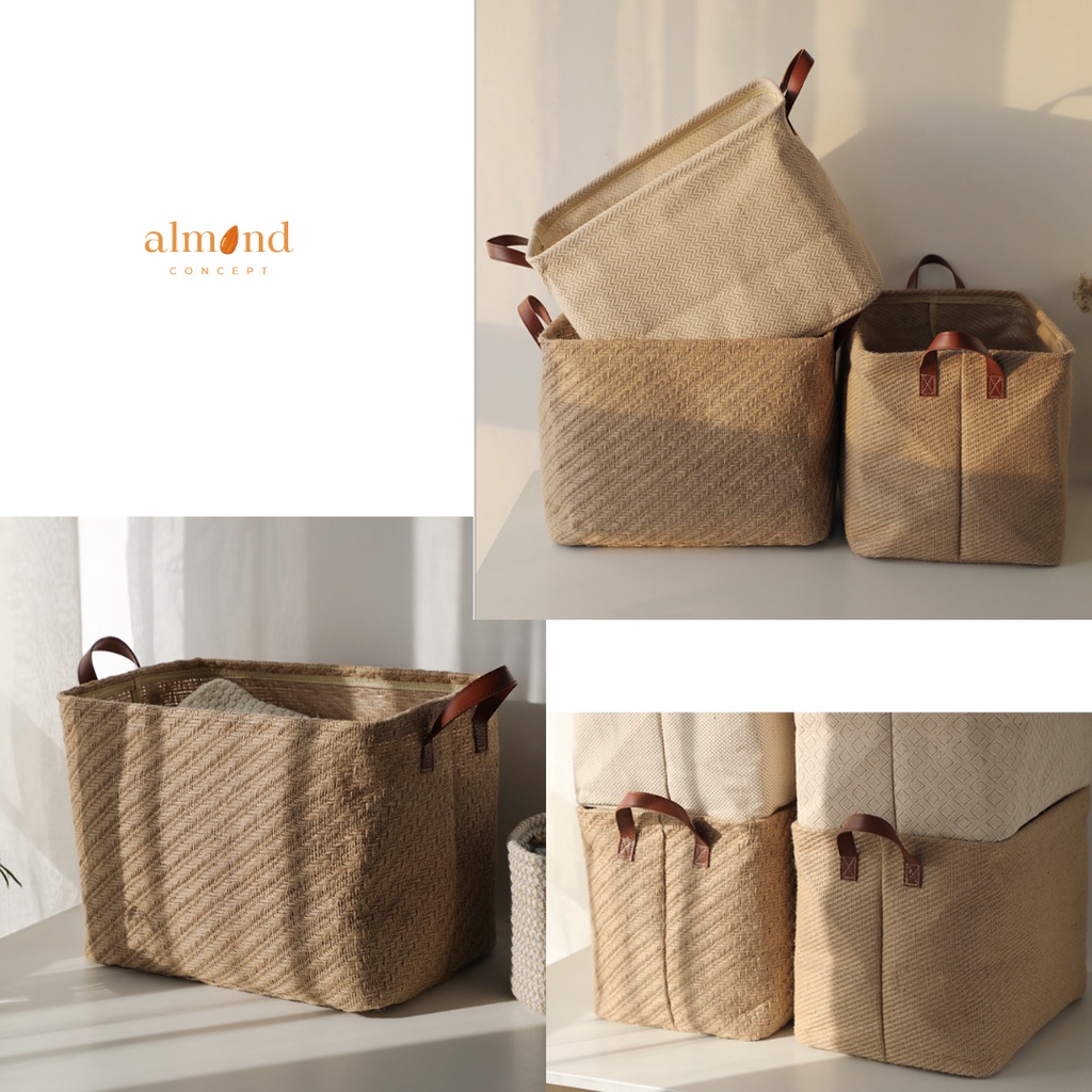 Giỏ đựng đồ Vải Bố Quai Da Wabi-Sabi Siêu bền, đựng quần áo, đồ cá nhân, Homestay - almondconcept