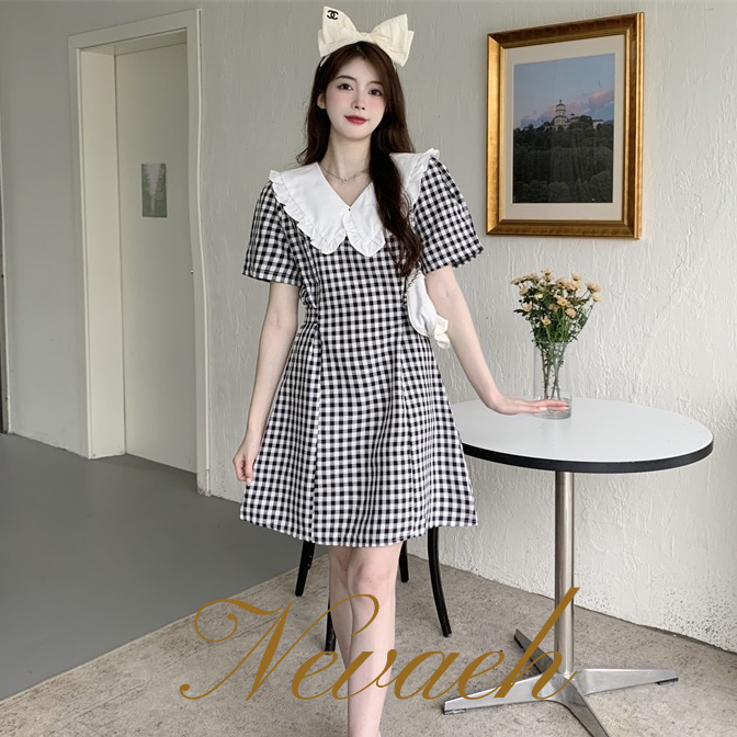 Đầm Nữ Tay Ngắn Cổ Búp Bê Họa Tiết Caro Đa Năng Phong Cách Hàn Quốc