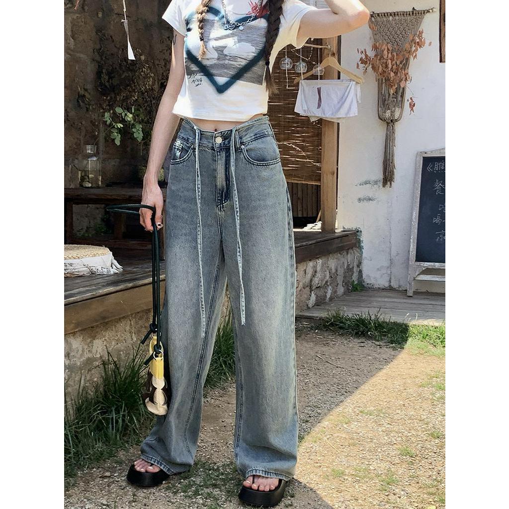 Quần Denim Ống Rộng Lưng Cao Phối Dây Rút Thời Trang Dành Cho Nữ 60682