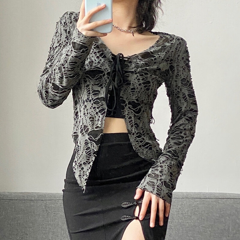 Kliou 2022 Mới vào mùa hè Áo cardigan KLIOU tay dài thiết kế khoét lỗ ôm dáng quyến rũ thời trang dành cho nữ