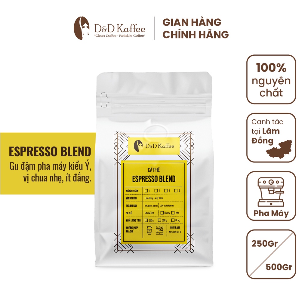 Cà phê Espresso Blend Gói 250gr/500gr, Cà phê nguyên chất 100% rang mộc - D&amp;D Kaffee