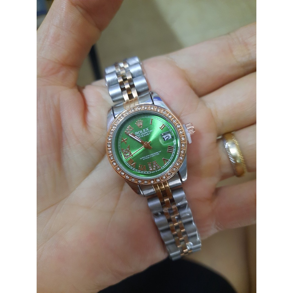 Đồng hồ nữ Rolex mặt tròn đính đá sang trọng dây kim loại
