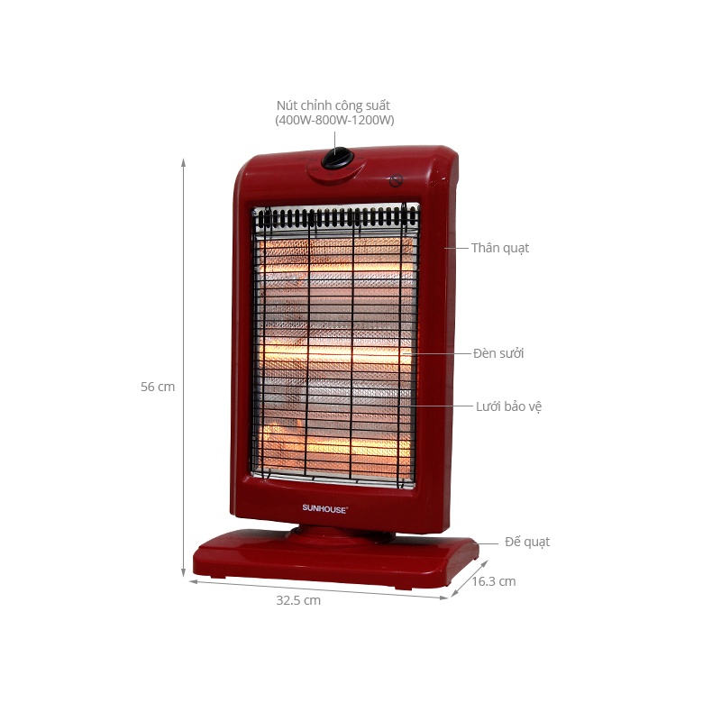 Đèn sưởi điện Sunhouse , máy sưởi ấm SHD7016 , 3 bóng halogen , làm ấm siêu nhanh , xoay đảo chiều , an toàn , bền bỉ