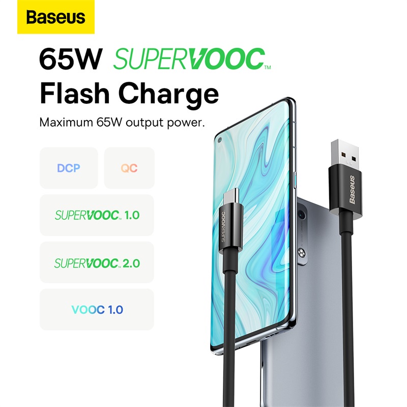 Dây Cáp Sạc Nhanh Baseus 65W VOOC USB Sang type C 6.5A 10 30 Phút Cho Điện Thoại
