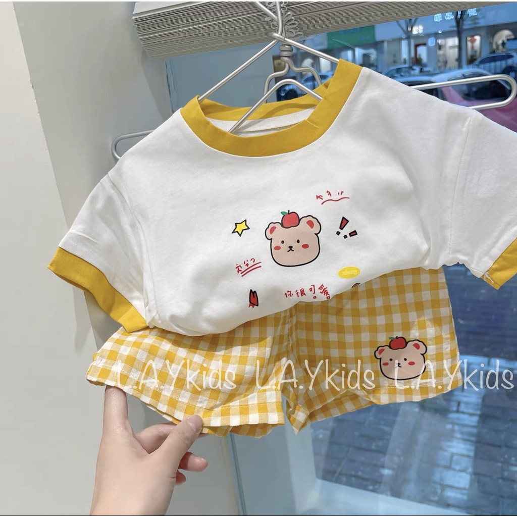 Set Coton Gấu Nhật Kẻ Caro Vàng Kute