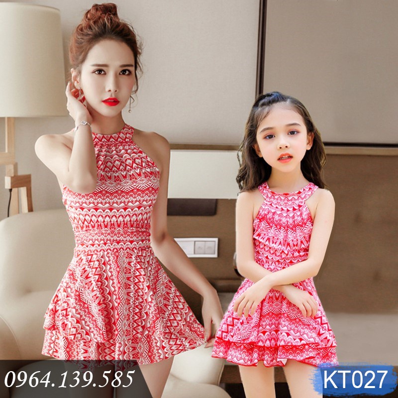 ☄Đồ bơi mẹ con, bikini đôi cho và bé gái, có size to, liền thân dáng váy quần đùi trong tiện dụng, thổ cẩm đẹp | KT027