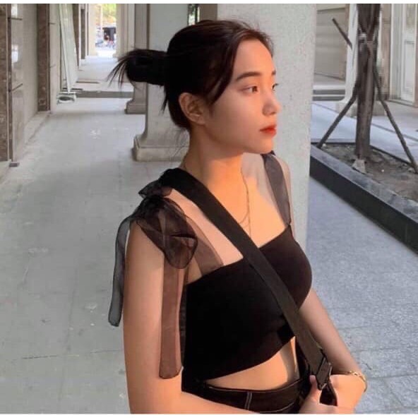 Áo croptop hai dây cột nơ  JOY BABE, tay nơ voan lưới bồng bềnh⛅ crop thun kiểu hotgirl trắng xinh xắn sexy CROH 36 -5F