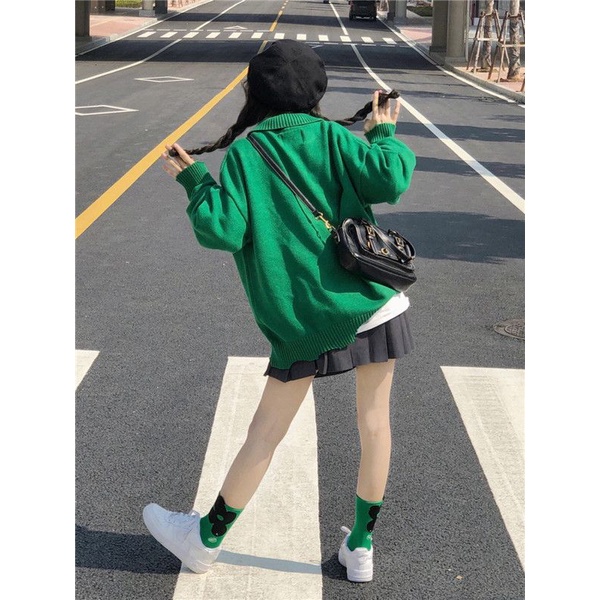 Áo Sweater Cổ Polo Dáng Rộng Màu Xanh Lá Phong Cách Hàn Quốc Thời Trang Thu Đông Cho Nữ