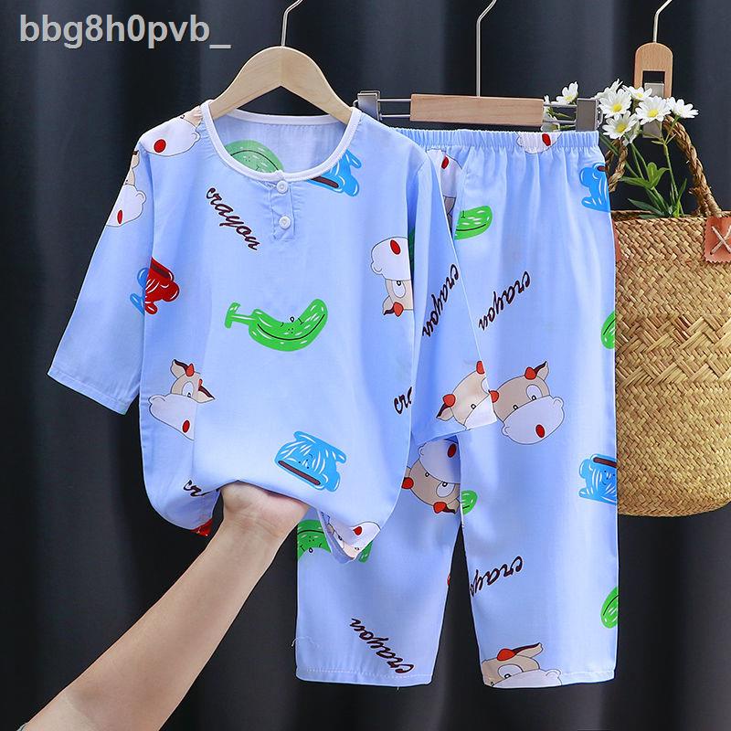 Đồ ngủ trẻ em cotton lụa mùa hè phù hợp với bé trai và gái quần áo ở nhà mỏng phần lớn tay ba tư của điều