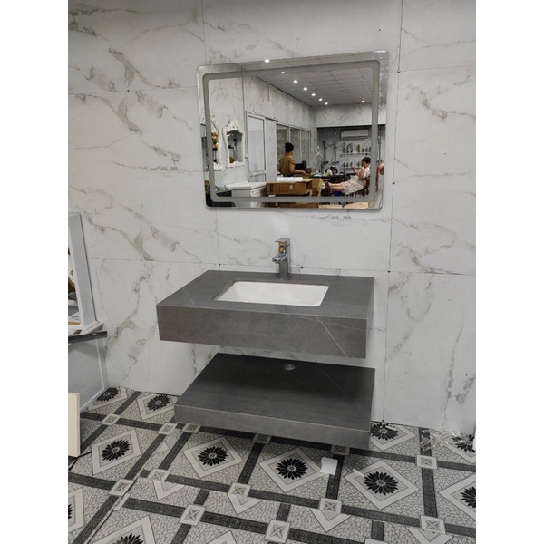 Combo bàn đá đôi TRÀN VIỀN + gương Led cảm ứng 50x80