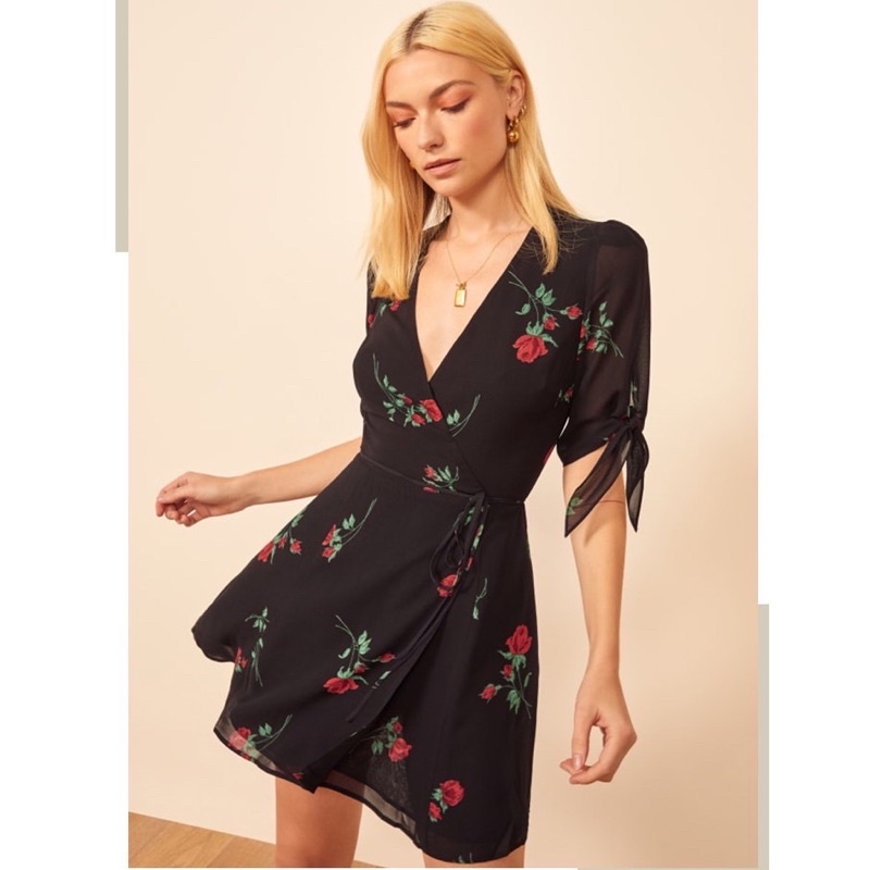 ĐẦM ZARA HOA HỒNG WRAP VẠT CHÉO BUỘC NƠ EO, NƠ TAY, VẢI VOAN 2 LỚP MỀM MẠI