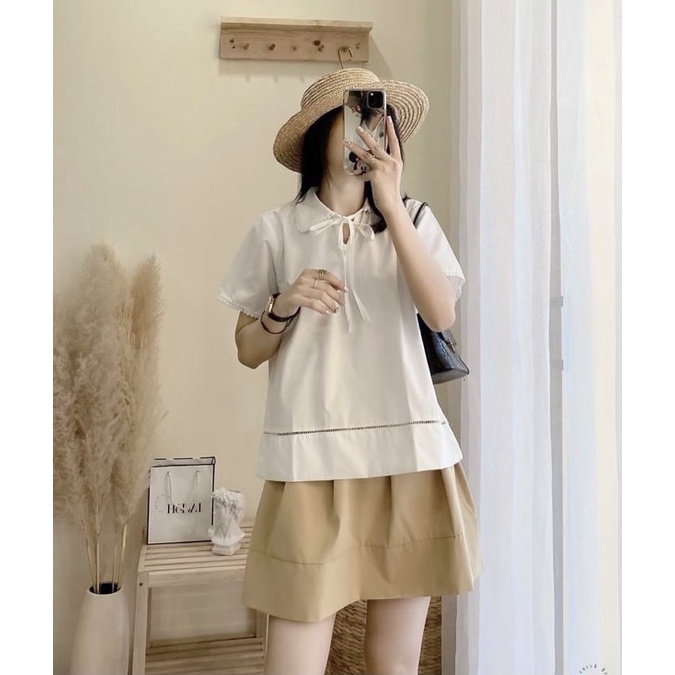SNU385 - SET NỮ ÁO TRẮNG CỔ REN NƠ MIX CVAY NÂU
