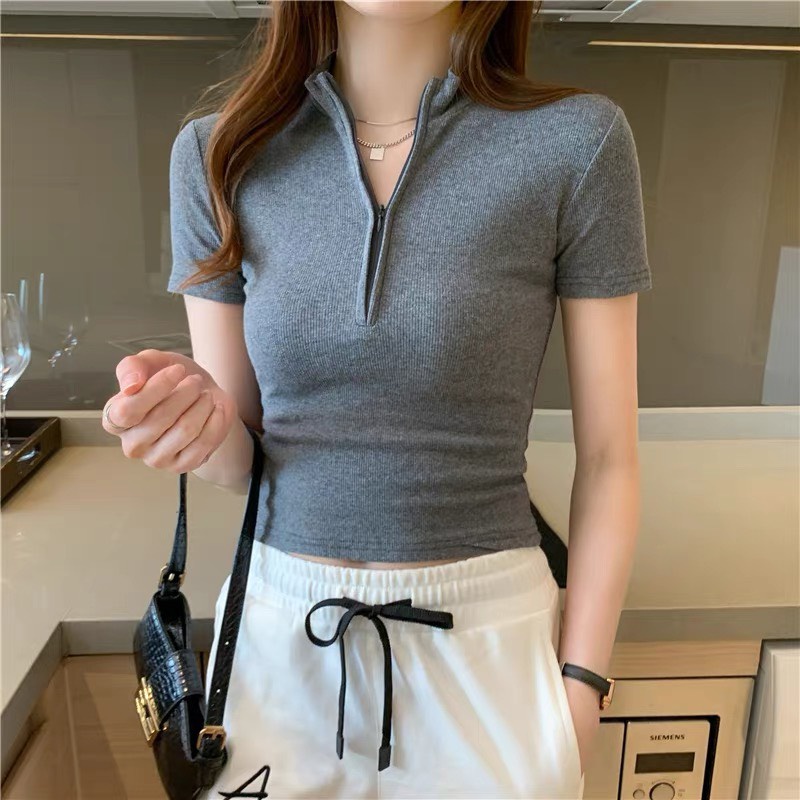 Áo Thun Ngắn Tay Phối Kéo Khoá Dễ Mix Đồ