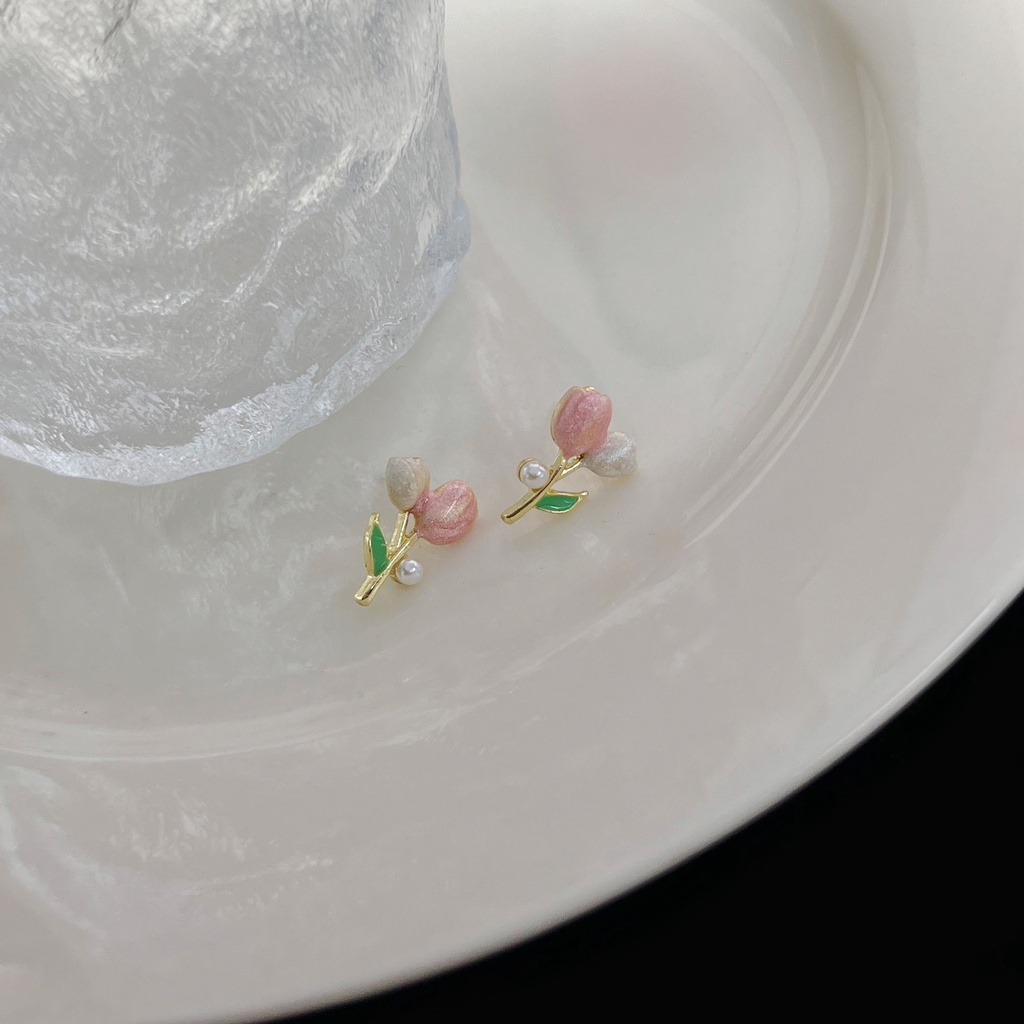 2022 Bông Tai Hình Hoa Tulip Hồng Đính Ngọc Trai Nhân Tạo Thời Trang Mùa Hè 2022