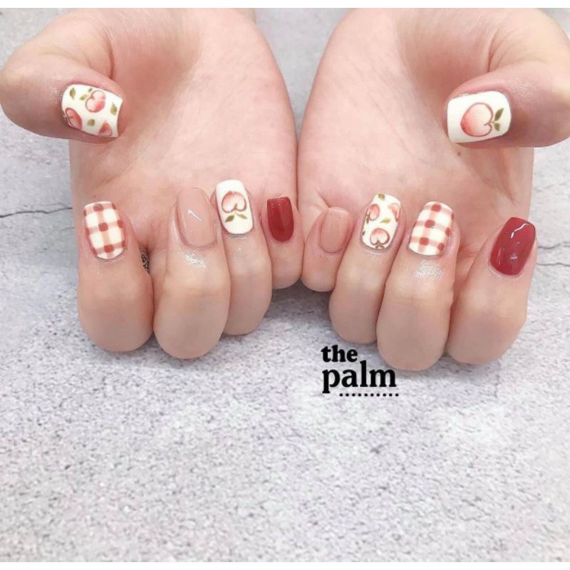 Móng úp giả thiết kế ngắn hoạt hình quả đào dễ thương màu đỏ hồng julynails.vn nb045