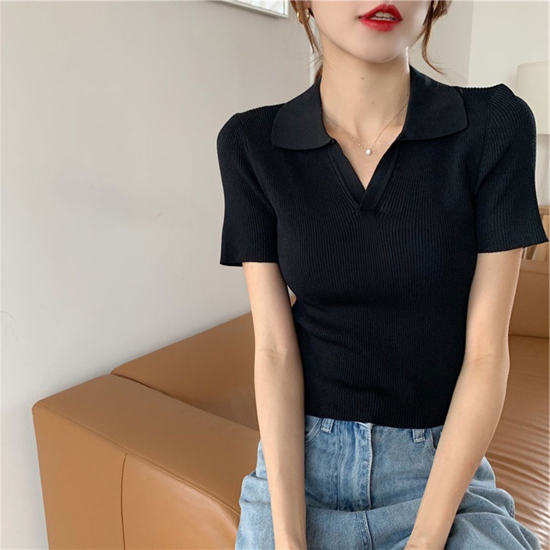Áo Croptop Dệt Kim Tay Ngắn Cổ Chữ V Màu Trơn Thời Trang Cho Nữ