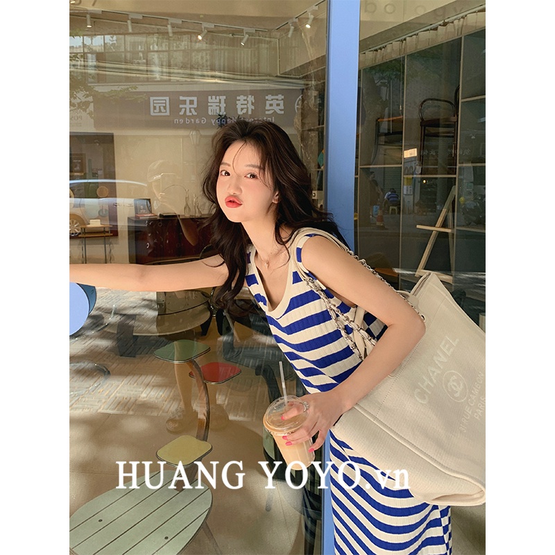 Đầm Dài Không Tay Họa Tiết Sọc Thời Trang Cho Nữ