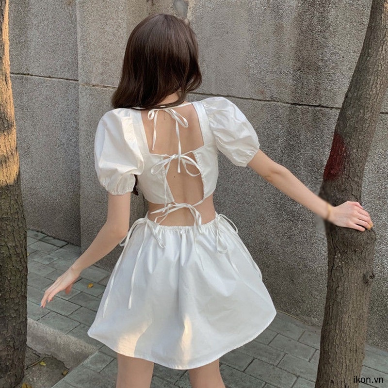 Đầm Mini Cổ Vuông Tay Phồng Màu Trơn Thời Trang Cho Nữ