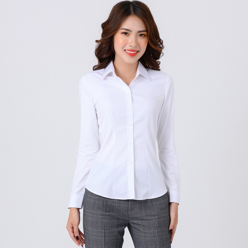 Áo sơ mi nữ tay dài Thái Hòa trơn - Màu trắng sáng không giãn - 047-01