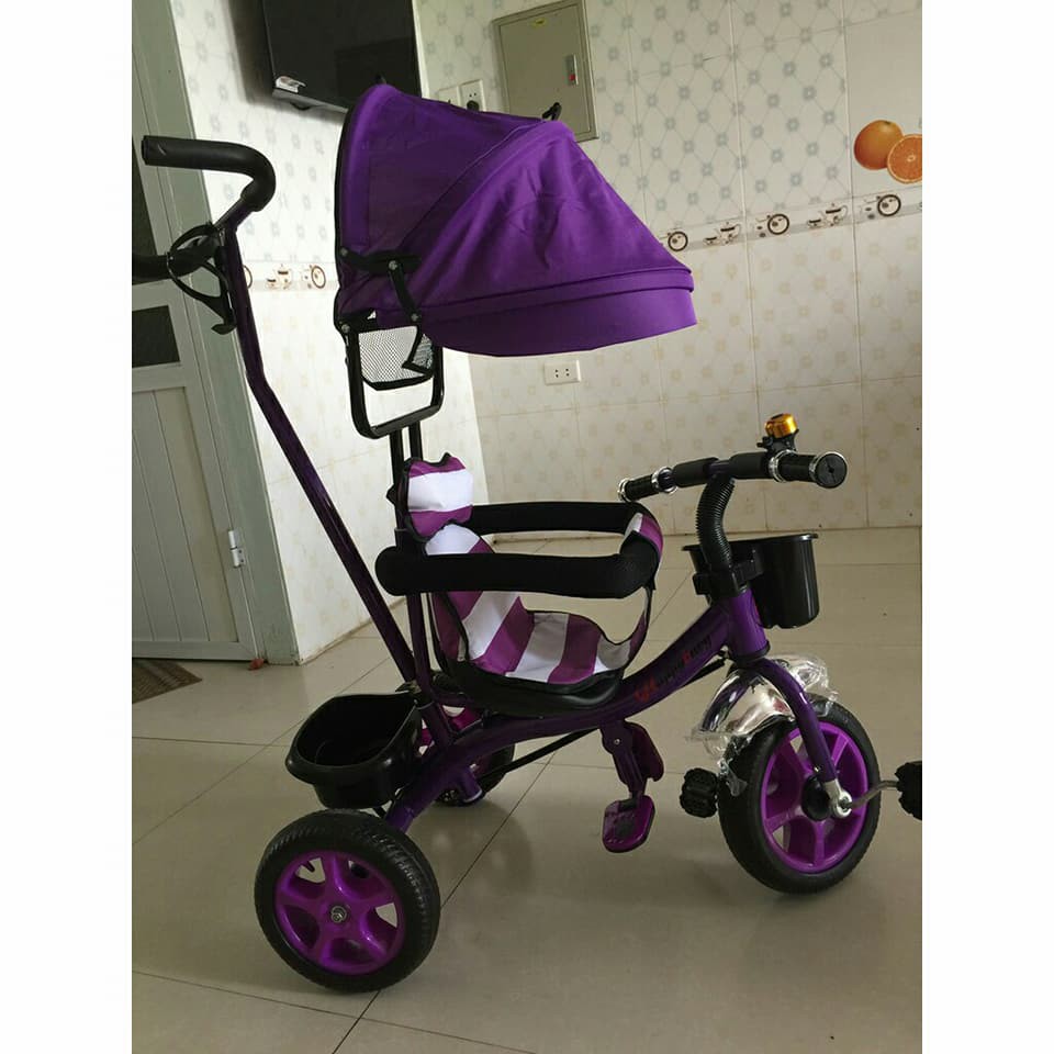 [Shopee siêu rẻ] Xe đẩy 3 bánh có bàn đạp + mái che (có bảo hiểm, đệm lót, chuông, giỏ đồ)