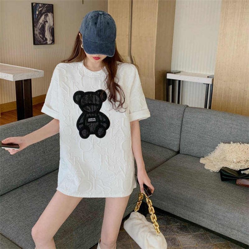 Áo thun nữ in hình Gấu Ngắn Tay, áo phông from rộng vải Cotton.