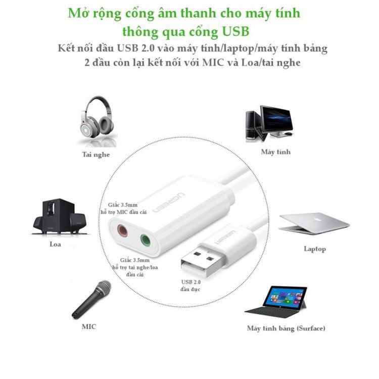 Cáp chuyển USB ra Sound UGREEN 30143 (jack 3.5mm Headphone và Microphone) cao cấp - Hàng chính hãng bảo hành 18 tháng