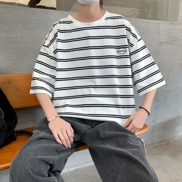 ÁO THUN TAY LỠ UNISEX NAM NỮ KẺ NGANG LOGO NGỰC