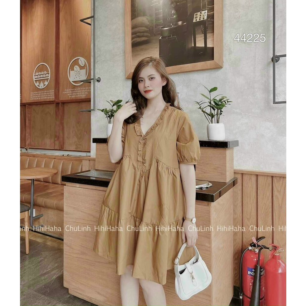 (Miễn Phí Ship 2022) Đầm nữ from babydoll,chiếc đầm cổ V phối bèo dễ thương,chất kate mềm lên from xuất sắc