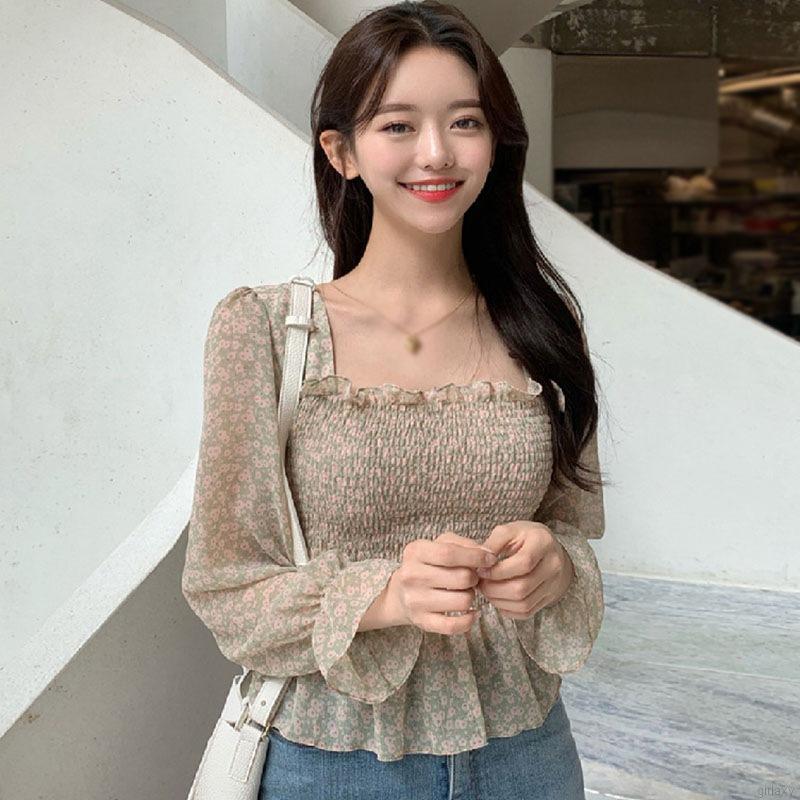 Áo Voan Dài Tay In Hoa Với Thiết Kế Cổ Vuông Xinh Xắn Theo Phong Cách Retro Hàn Quốc