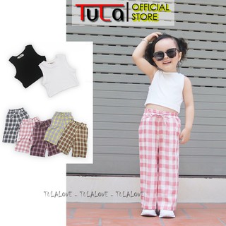 Quần Ống Suông Kẻ Caro Và Áo Croptop Cho Bé Gái