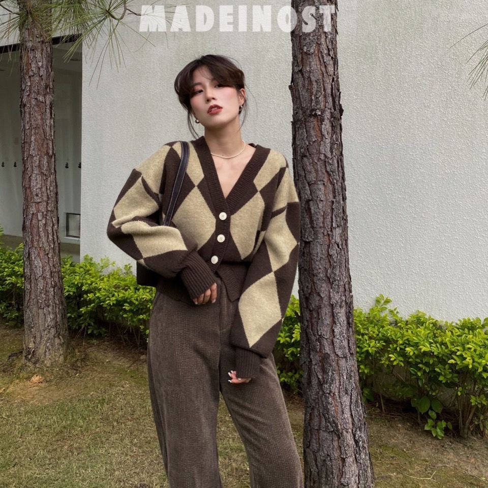 Áokhoáccardigan dệt kim dáng rộng ngắn phong cách retro thời trang cho nữ