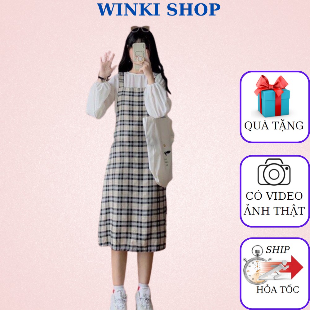 Váy yếm kẻ caro tặng kèm áo tay bồng Ulzzang, Bộ váy vintage kèm áo tay bo | BigBuy360 - bigbuy360.vn