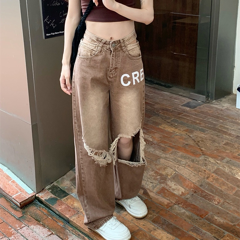 Quần Jean Nữ Lưng Cao Ống Đứng Rách Gối Thời Trang