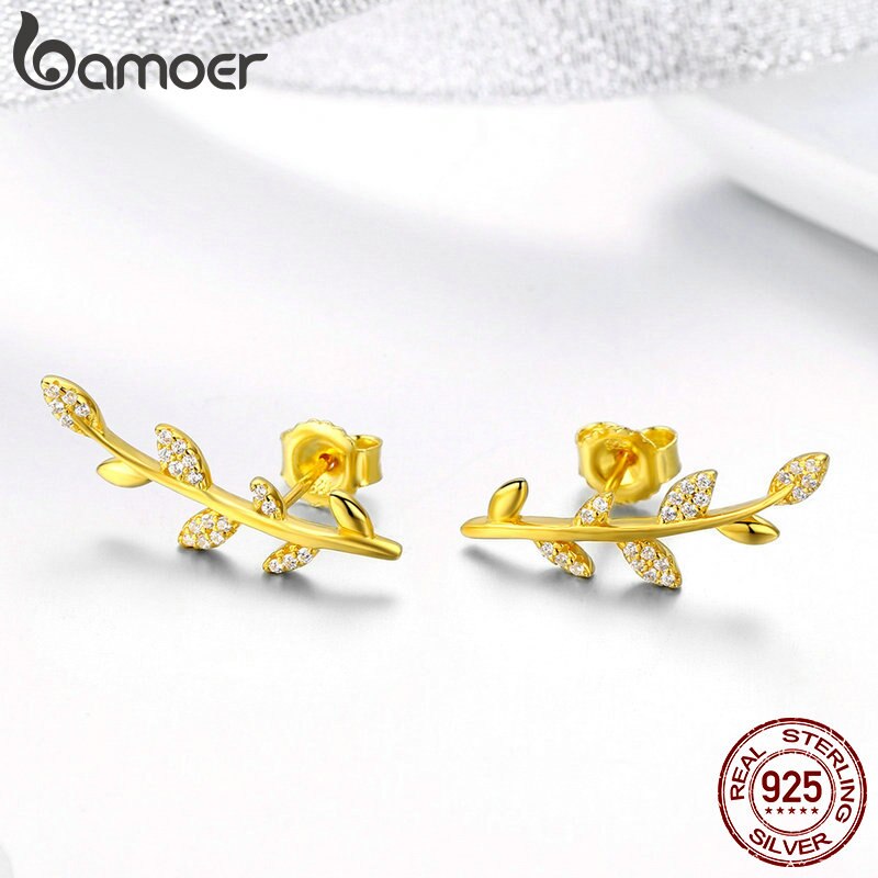 Bông Tai Bamoer SCE556 Bằng Bạc 925 Thật Hình Lá Cây Màu Vàng Đính Đá CZ Cao Cấp Dành Cho Nữ