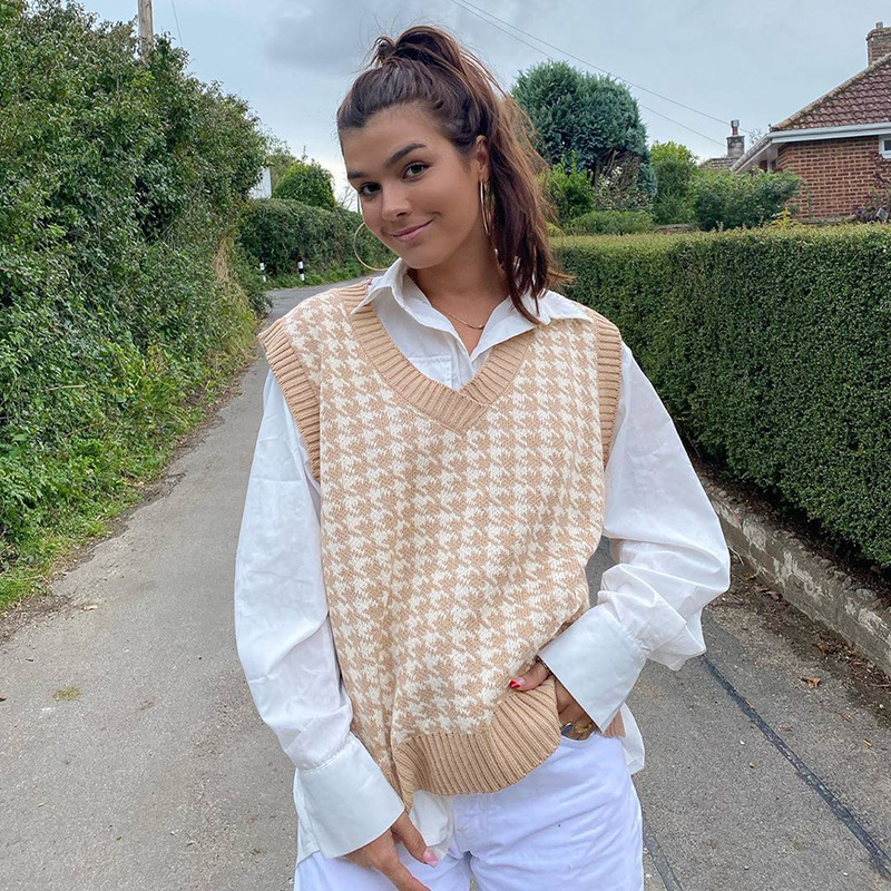 DUNEA Áo Dệt Kim Không Tay Cổ Chữ V Họa Tiết Kẻ Sọc Caro Thời Trang Mùa Thu Cho Nữ