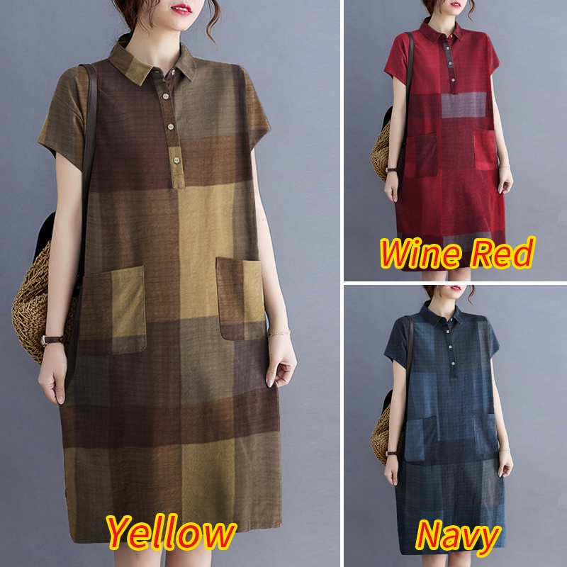 Đầm Midi ZANZEA tay ngắn cổ bẻ dáng rộng họa tiết caro thời trang cho nữ
