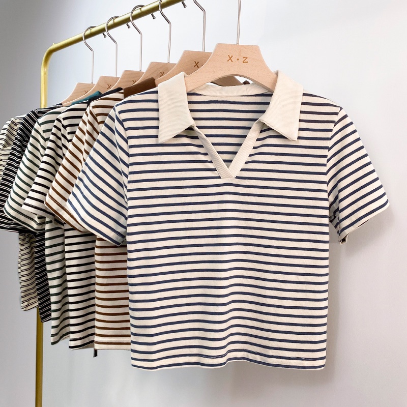 Áo Thun Polo Tay Ngắn Cổ Chữ v Họa Tiết Kẻ Sọc Thời Trang Mùa Hè Hàn Quốc Dành Cho Bạn Nữ 54031