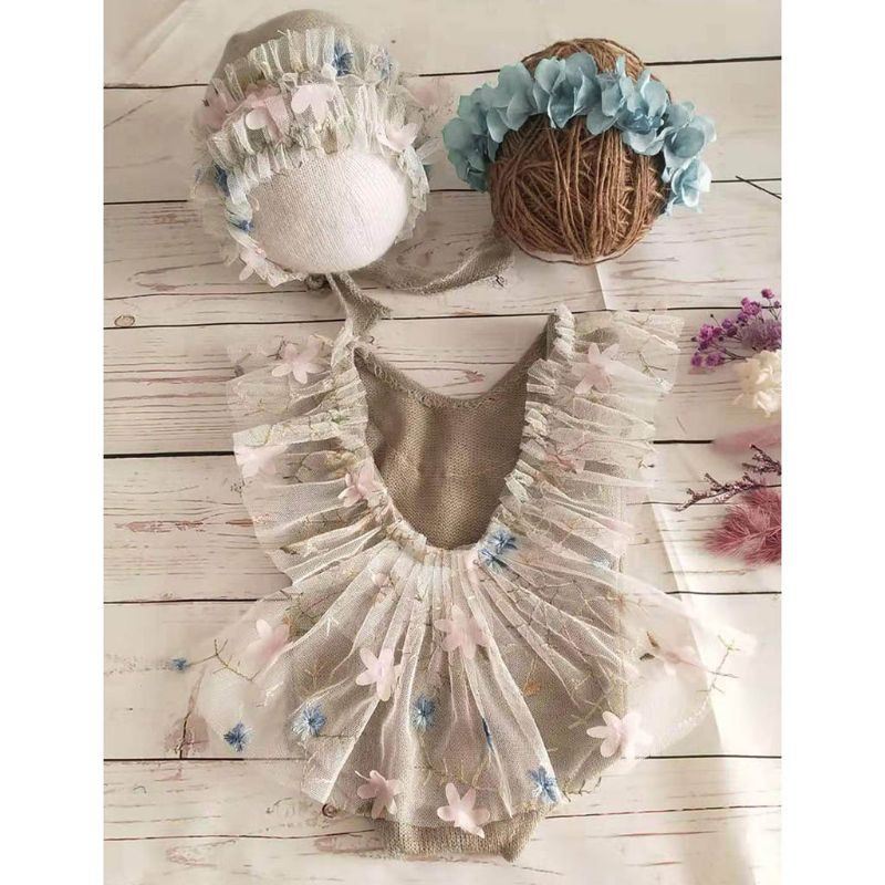 Set Áo Liền Quần Ren + Mũ + Băng Đô Chụp Ảnh Cho Bé