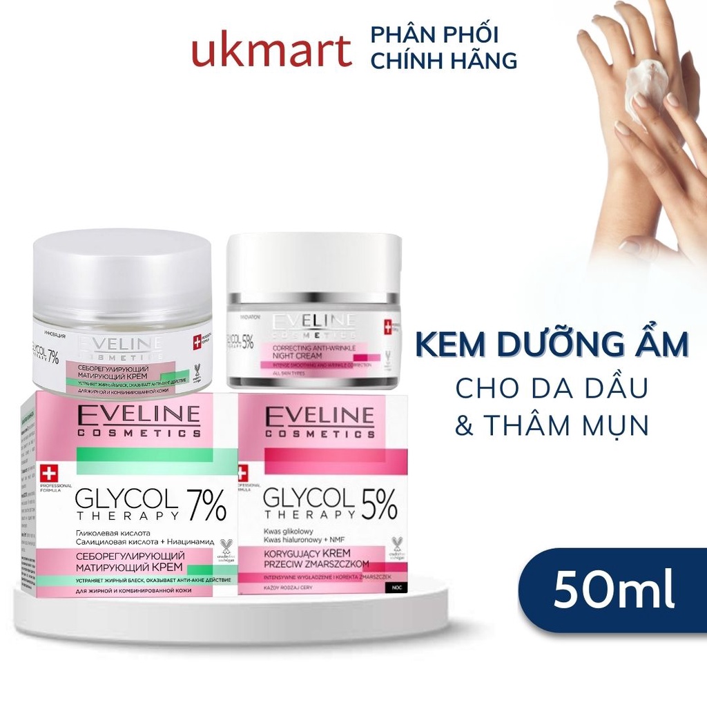 Kem Dưỡng Eveline Glycol Therapy 5% Anti Wrinkle Correcting Cream 50ml Trẻ Hoá Phục Hồi Da Với 5% Glycolic Acid