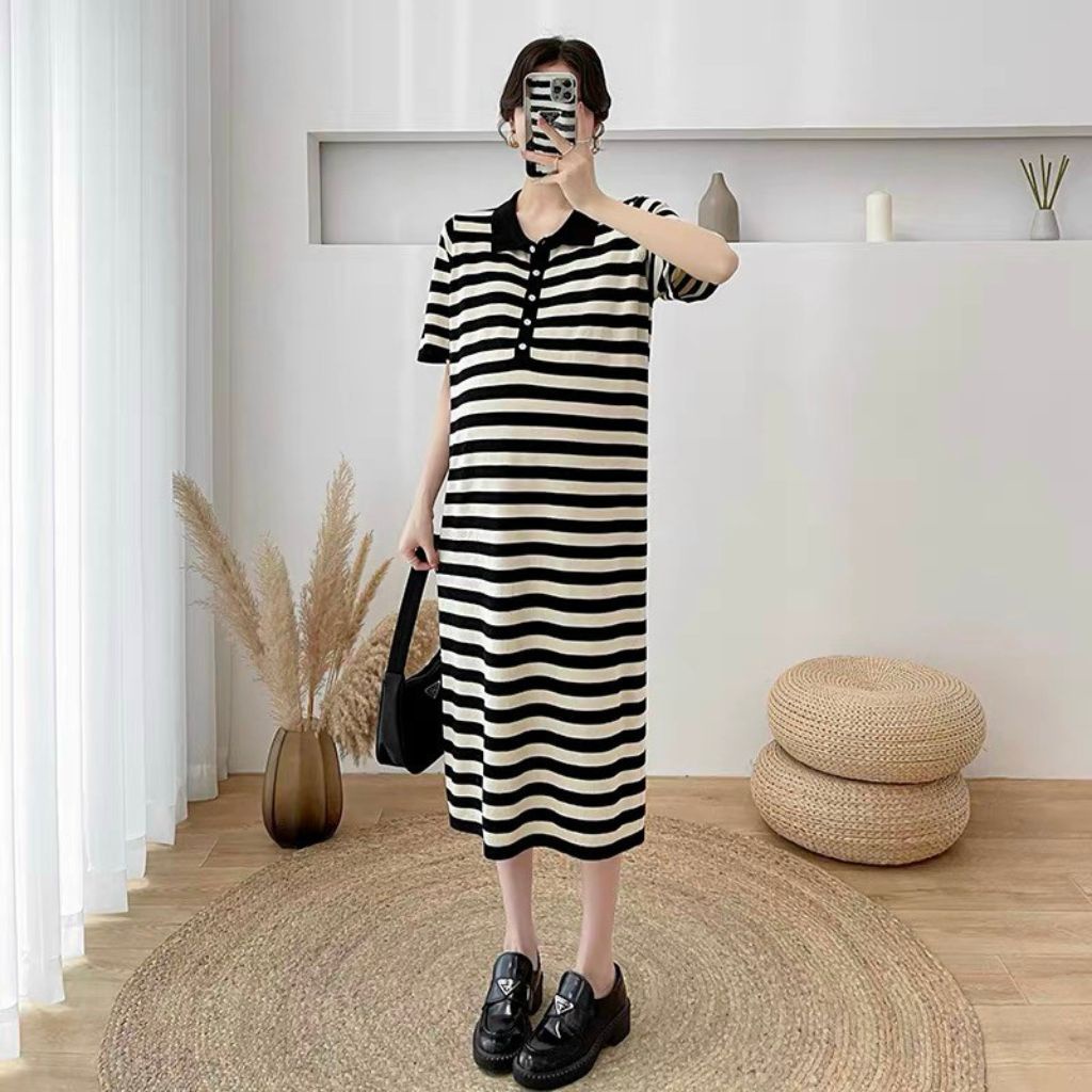 Đầm Bầu Váy Bầu Kẻ Ngang Cổ Sơ Mi Thời Trang Công Sở Xinh Xắn M432 Mom and Baby