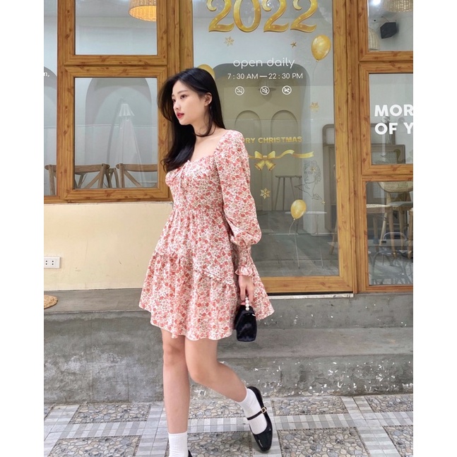 Haley Dress - váy hoa nhí màu hồn cam, chất lụa hàn