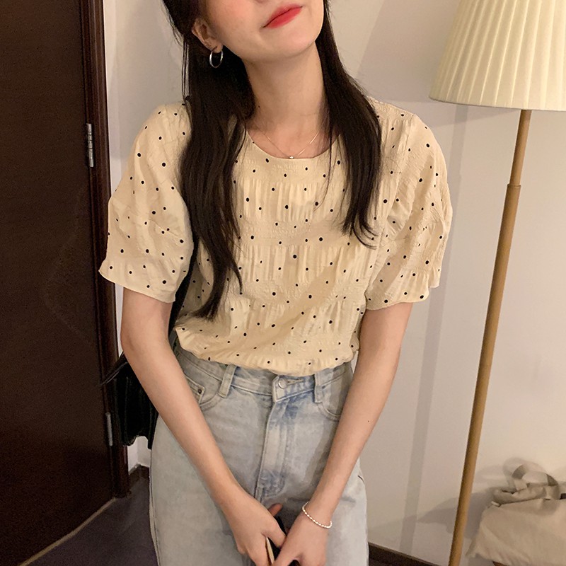 Áo kiểu nữ Chấm bi nhỏ Phong cách Retro Ngắn tay Tay phồng Ulzzang Hàn Quốc Áo kiểu Mùa Hè Cổ tròn Form rộng