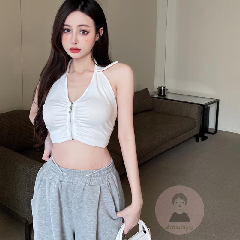 Áo Thun Ba Lỗ Cổ Chữ V Màu Trơn Có Khóa Kéo Thời Trang Mùa Hè Cho Nữ