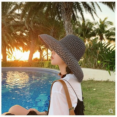 [Ảnh thật] Mũ cói dáng Hepburn lưới vành rộng 2 màu đi biển hàng đẹp loại 1