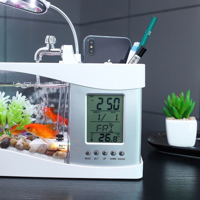 Bể cá mini để bàn kèm đồng hồ đèn LED tặng sỏi và cây trang trí