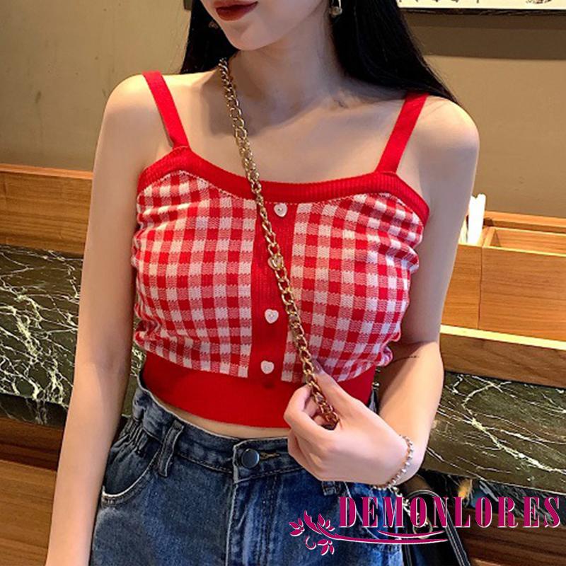 Áo croptop hai dây dệt kim có nút cài phía trước hoạ tiết kẻ sọc caro