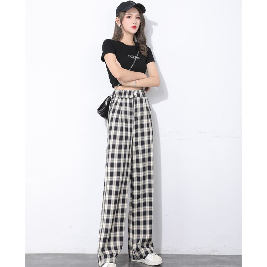 Quần Kẻ Nữ, Quần Caro Lưng Cao Dáng Rộng Ulzzang