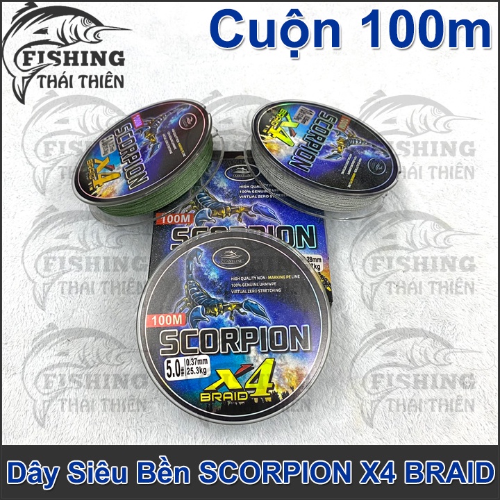 Dây Câu Cá Siêu Bền, Dây Dù Câu Lure, Tóm Lưỡi Câu Scorpion X4 Braid Cuộn 100m