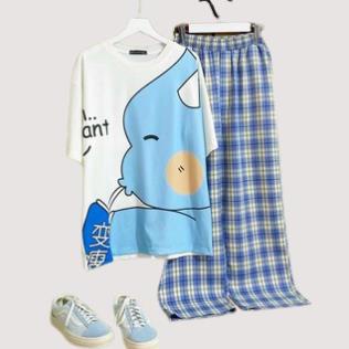 Set đồ nam nữ quần dài caro kate áo thun tay lỡ cotton freesize, set bộ unisex from rộng TAXA OFFICIAL New